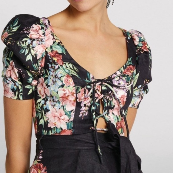 ZIMMERMANN Bellitude cropped lace-up floral-print linen top linen size 0 / XS S